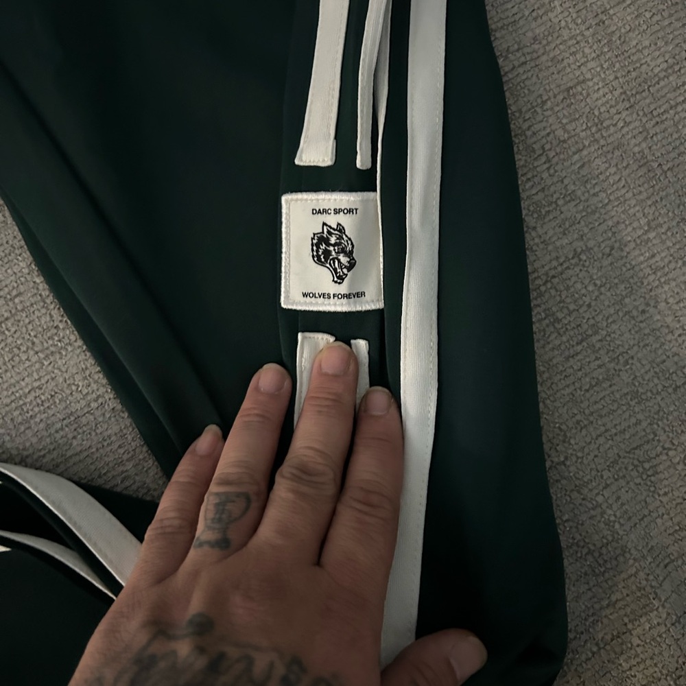 Darc Sport Dark Green Track Pants with White Stripe - Wolves Patch
